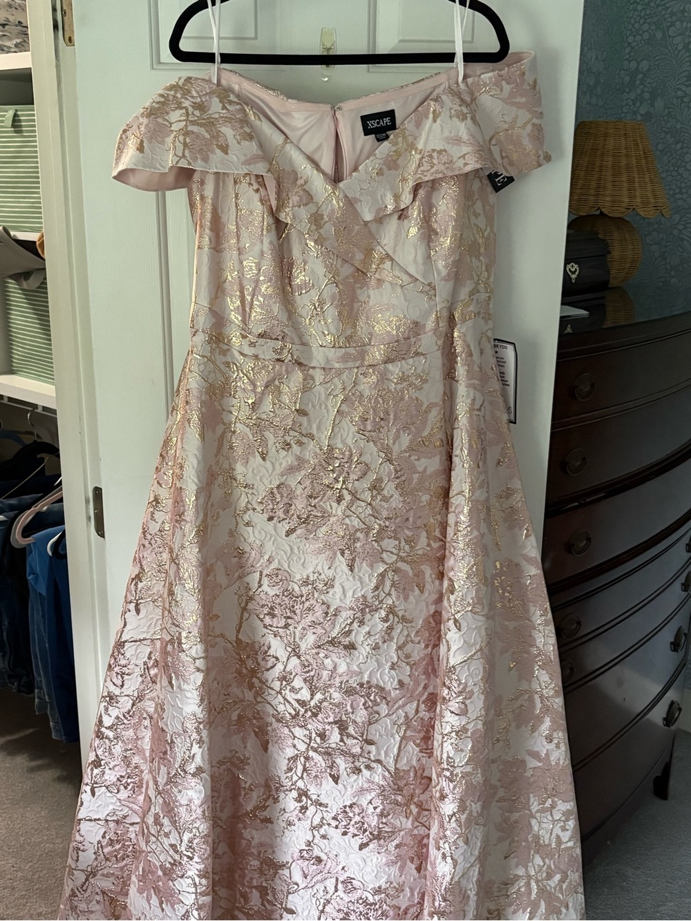 Xscape Blush Pink and Gold Floral Off-Shoulder Tunic - Picture 2 of 2